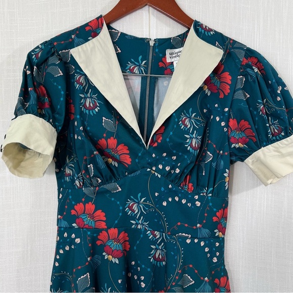 Unique Vintage Teal & Red Floral Chain Print Retro Swing Dress Size M - Picture 11 of 16
